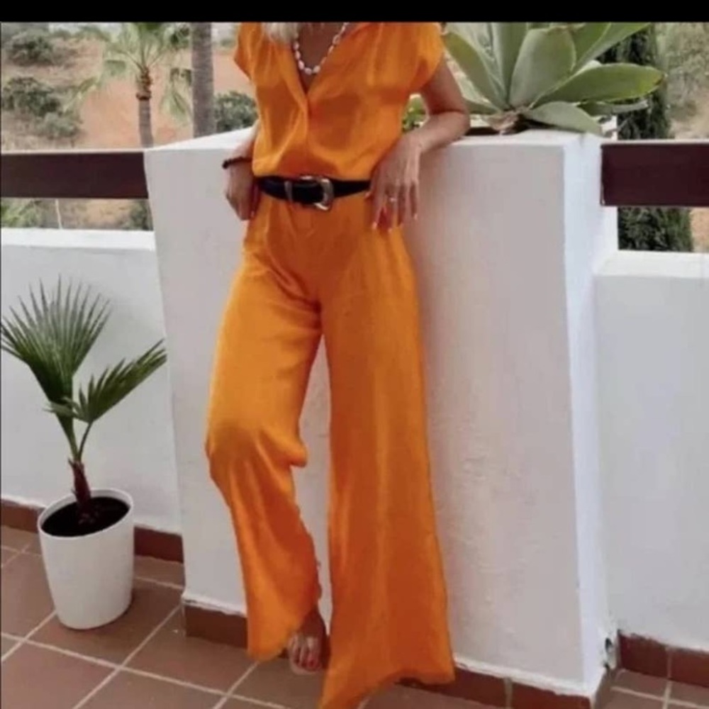 Zara Paisley Jacquard Jumpsuit XS Full Length Wide Leg Relaxed Boho Orange NEW